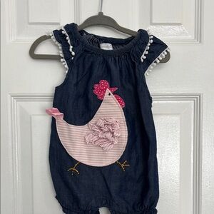 0-6 Month Baby Denim Romper with Chicken Appliqué from Mud Pie